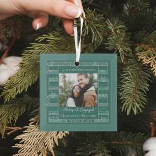 Merry Engaged Love Song Sheet Music Couples Photo Glass Ornament