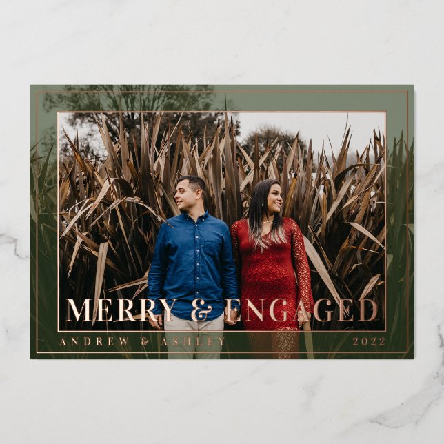 Merry & Engaged Minimal Frame Photo Engagement Foil Holiday Card (Front)