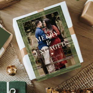 Merry & Engaged Minimal Frame Photo Engagement Foil Holiday Card