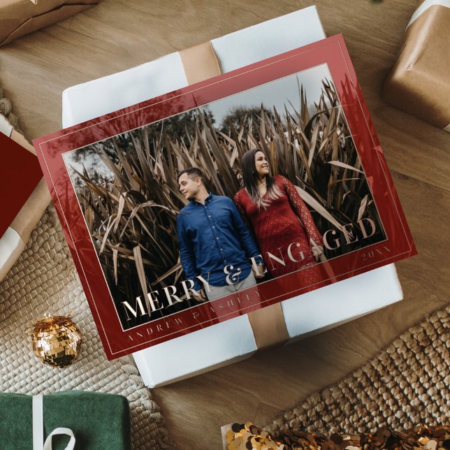 Merry & Engaged Minimal Frame Photo Engagement Foil Holiday Card (Creator Uploaded)