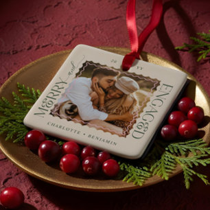 Merry & Engaged Modern Minimal Wavy Photo Keepsake Ceramic Ornament