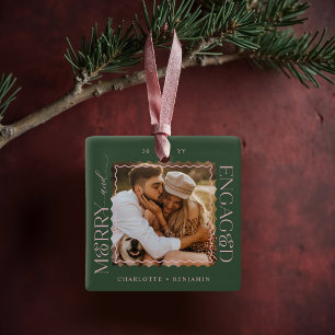 Merry & Engaged Modern Minimal Wavy Photo Keepsake Ceramic Ornament