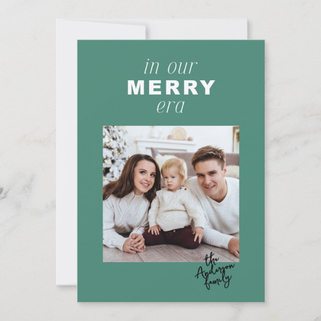 Merry Era Bright Funny One Photo Green Christmas Holiday Card (Front)