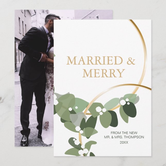 Merry Eucalyptus Wreath Newlywed Photo Christmas  (Front/Back)