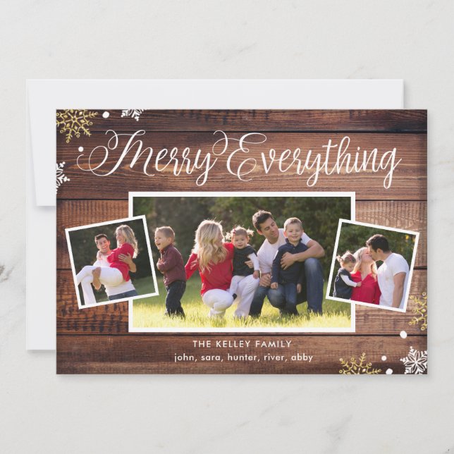 Merry Everything-3 Photo Dark Wood Holiday Card (Front)