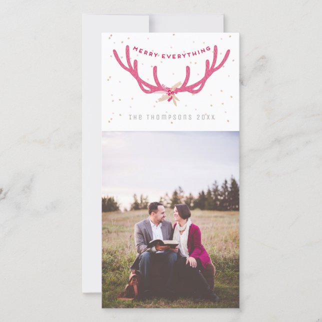 Merry Everything Antler Faux Glitter Photo Holiday Card (Front)