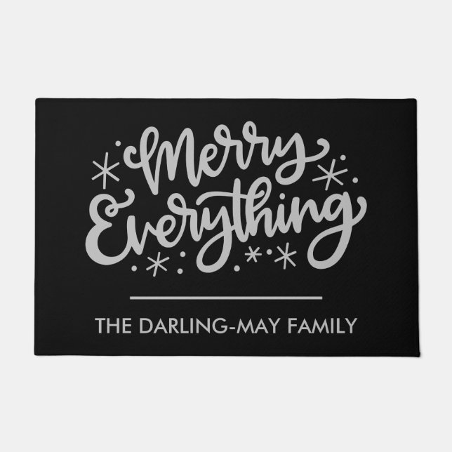 Merry Everything Black Personalized Christmas Doormat (Front)
