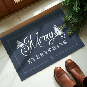 Merry Everything Blue Pine Trees Family Monogram Doormat