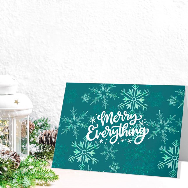 Merry Everything Calligraphy Green Snowflake  Holiday Card (Creator Uploaded)