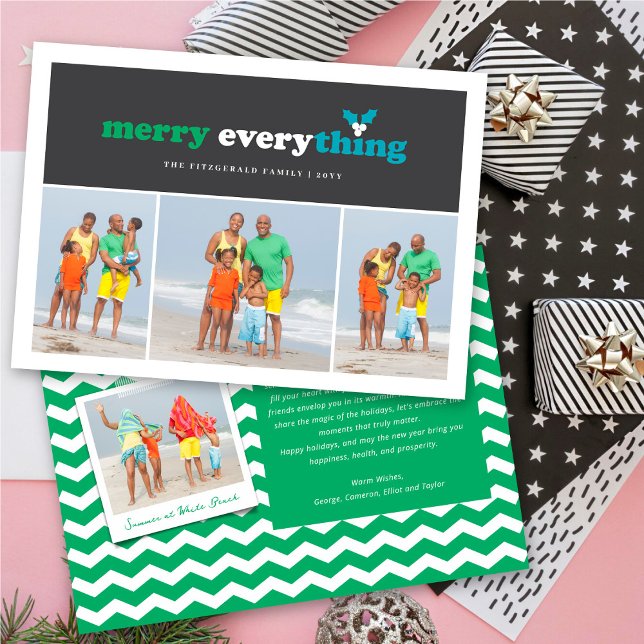 Merry Everything Colour Blocks Mistletoes 3 Photo Holiday Card (Creator Uploaded)