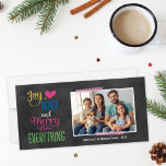 Merry Everything Colourful Black Chalkboard Holiday Card<br><div class="desc">Simple and stylish Christmas photo card greeting features the phrase "Joy, Love, Peace and Merry Everything" in bold colours and modern handwritten type on a black chalkboard style background. Pink and white striped washi tape accents. Personalize with your photo (landscape format) and custom text. Charcoal grey / soft black background...</div>