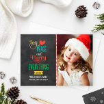 Merry Everything Colourful Black Chalkboard Photo Holiday Card<br><div class="desc">Simple and stylish Christmas photo card greeting features the phrase "Joy, Love, Peace and Merry Everything" in bold colours and modern type on a black chalkboard style background. White snowflakes dress up the back side of the card. Personalize with your photo (portrait format) and with custom text. Charcoal grey /...</div>