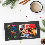 Merry Everything Colourful Black Chalkboard Photo Holiday Card<br><div class="desc">Simple and stylish Christmas photo card greeting features the phrase "Joy, Love, Peace and Merry Everything" in bold colours and modern handwritten type on a black chalkboard style background. Pink and white striped washi tape accents. Personalize with your photo (landscape format) and custom text. Charcoal grey / soft black background...</div>