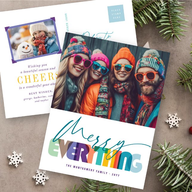 Merry Everything Colourful Typography Modern Photo Holiday Postcard (Creator Uploaded)