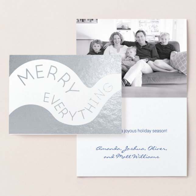 Merry Everything Curved Text Photo Holiday Silver Foil Card (Display)