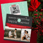 Merry Everything From The Happily Married 2 Photo Holiday Card<br><div class="desc">'Merry Everything From The Happily Married' In Modern Classic Typography With Mistletoe, 2 Photo Collage Holiday Wedding Announcement Card. The back features a full snowdots pattern, a snapshot photo and a personalizable holiday message. The base background can be changed to any colour of your choice. All / Most text is...</div>