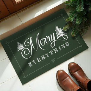 Merry Everything Green Pine Trees Family Monogram Doormat