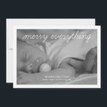 Merry Everything Holiday Photo Green Christmas<br><div class="desc">Personalized Christmas cards for family featuring the words "merry everything", on cute and delicate handwritten like white typeface, and a simple white border framing a black and white photo template of a sleeping baby. The back of these cute Christmas flat photo cards feature a fun pattern, with green and white...</div>