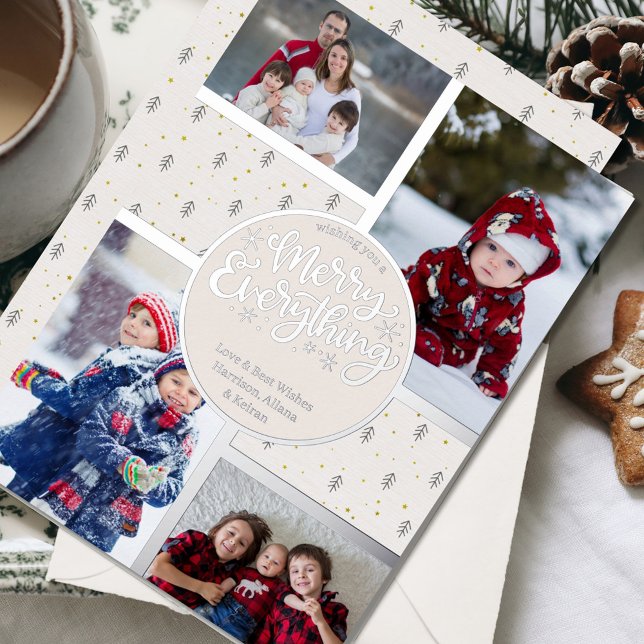 Merry Everything Nordic Pine 4 Photo Silver Foil Holiday Card (Creator Uploaded)