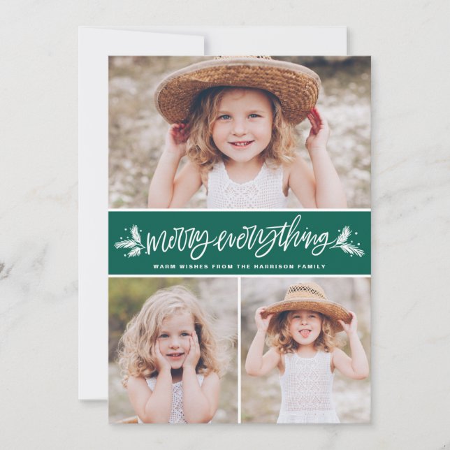 Merry Everything Pine Branches Green Photo Collage Holiday Card (Front)