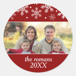 Merry Everything Snowflake, Red Holiday Photo Classic Round Sticker