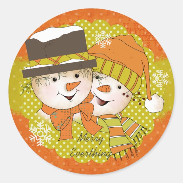 Merry Everything Snowmen Round Sticker (Front)