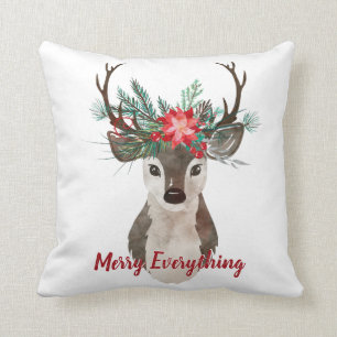 Merry Everything Watercolor Deer Antler Bouquet Throw Pillow