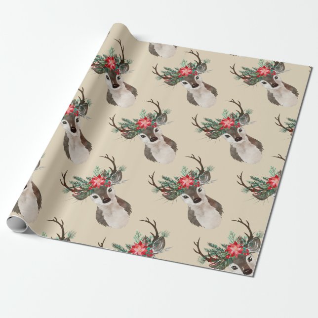 Merry Everything Watercolor Deer Antler Bouquet Wrapping Paper (Unrolled)