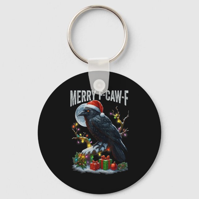 Merry F-caw-f Funny Christmas Black Crow Merry Xma Keychain (Front)