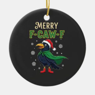 Merry F-Caw-F Funny Christmas Raven Crow Santa  Ceramic Ornament