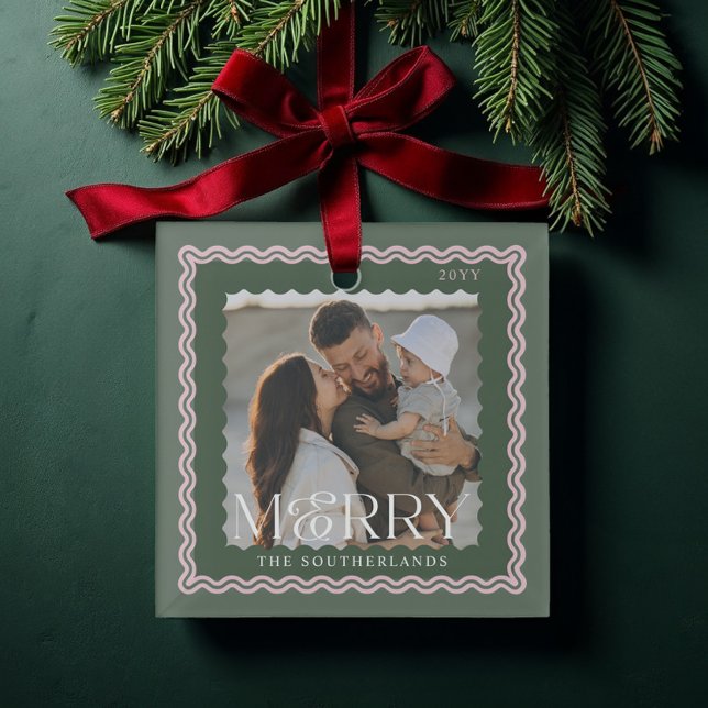 Merry Family Modern Retro Wavy Photo Keepsake Glass Ornament (Merry Family Modern Retro Wavy Photo Keepsake Glass Ornament)
