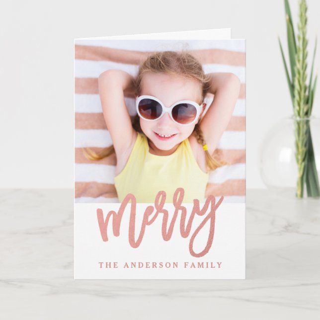 Merry Faux Rose Gold Foil | Holiday Photo Card (Front)