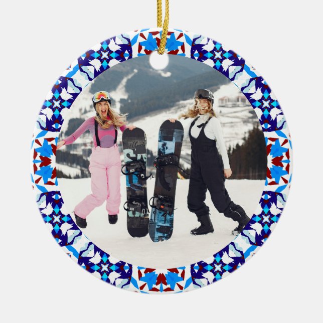 Merry Festive Blue Christmas Photo Picture Frame Ceramic Ornament (Front)