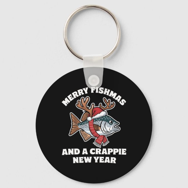 Merry Fishmas And A Crappie New Year Fishing Pun  Keychain (Front)