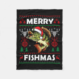 Merry Fishmas B Fish Fishing Christmas Ugly Sweate Fleece Blanket