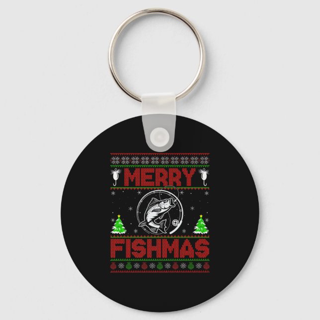 Merry Fishmas B Fish Fishing Ugly Christmas Sweate Keychain (Front)