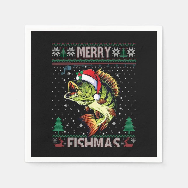 Merry Fishmas Bass Fish Fishing Christmas Ugly Swe Napkin (Front)