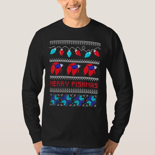 Merry Fishmas Betta Fish Ugly Xmas T-Shirt (Front)