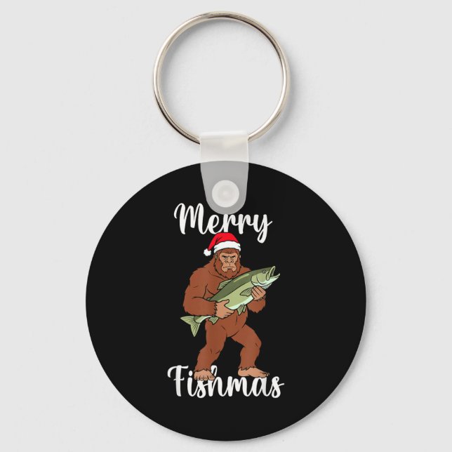 Merry Fishmas Bigfoot Fishing Funny Sasquatch Sant Keychain (Front)