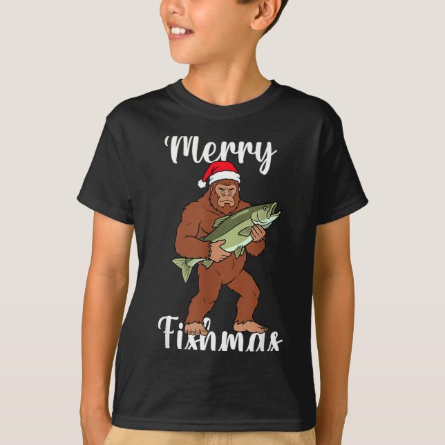 Merry Fishmas Bigfoot Fishing Funny Sasquatch Sant T-Shirt (Front)