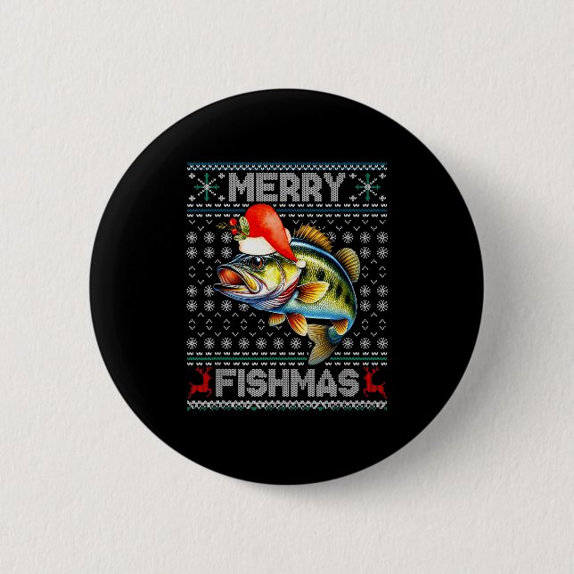 Merry Fishmas Christmas Holiday Santa Fishing Xmas 2 Inch Round Button (Front)