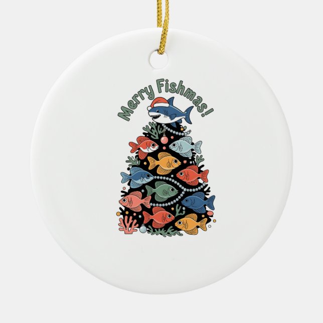 Merry Fishmas Christmas Tree Fish Funny Fishing Ceramic Ornament (Front)