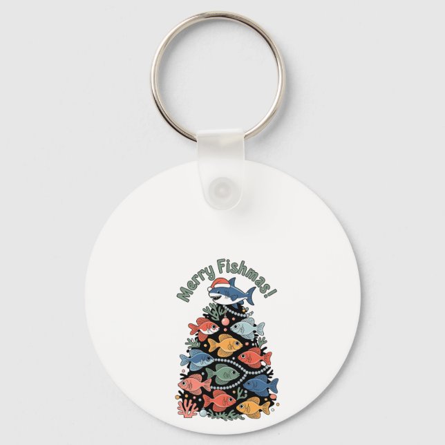 Merry Fishmas Christmas Tree Fish Funny Fishing Keychain (Front)