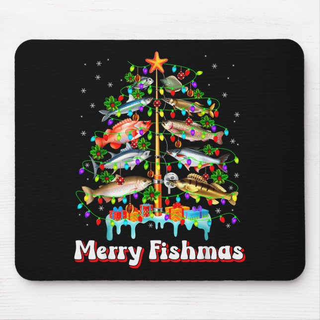 Merry Fishmas Christmas Tree Funny Fish Fishing Fi Mouse Pad (Front)