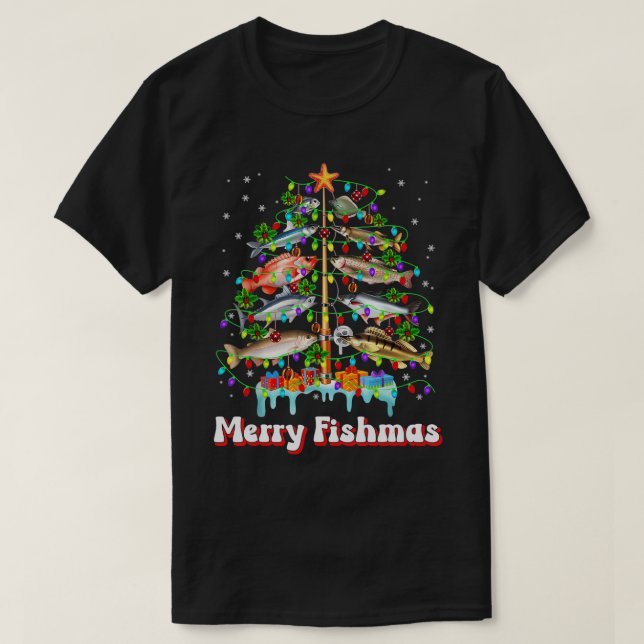 Merry Fishmas Christmas Tree Funny Fish Fishing Fi T-Shirt (Design Front)