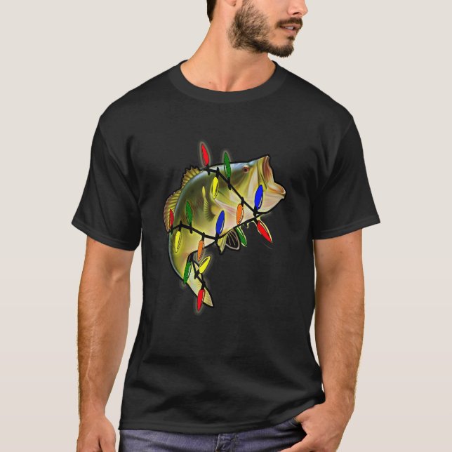 Merry Fishmas Christmas Tree Lights Bass Christmas T-Shirt (Front)