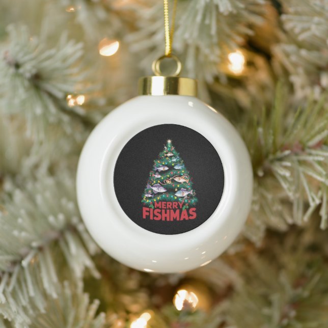 Merry Fishmas Christmas Tree Lights Fish Fishing  Ceramic Ball Christmas Ornament (Tree)