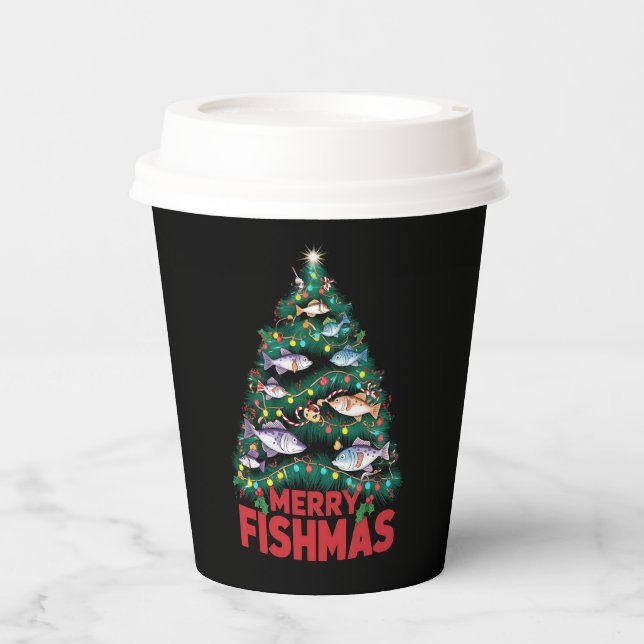 Merry Fishmas Christmas Tree Lights Fish Fishing  Paper Cups (Front)