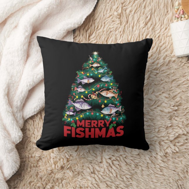 Merry Fishmas Christmas Tree Lights Fish Fishing  Throw Pillow (Blanket)