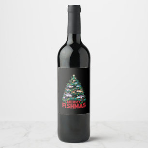 Merry Fishmas Christmas Tree Lights Fish Fishing  Wine Label